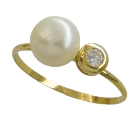 Anillo comunión fino chatón con circonita y perla natural oro 18k