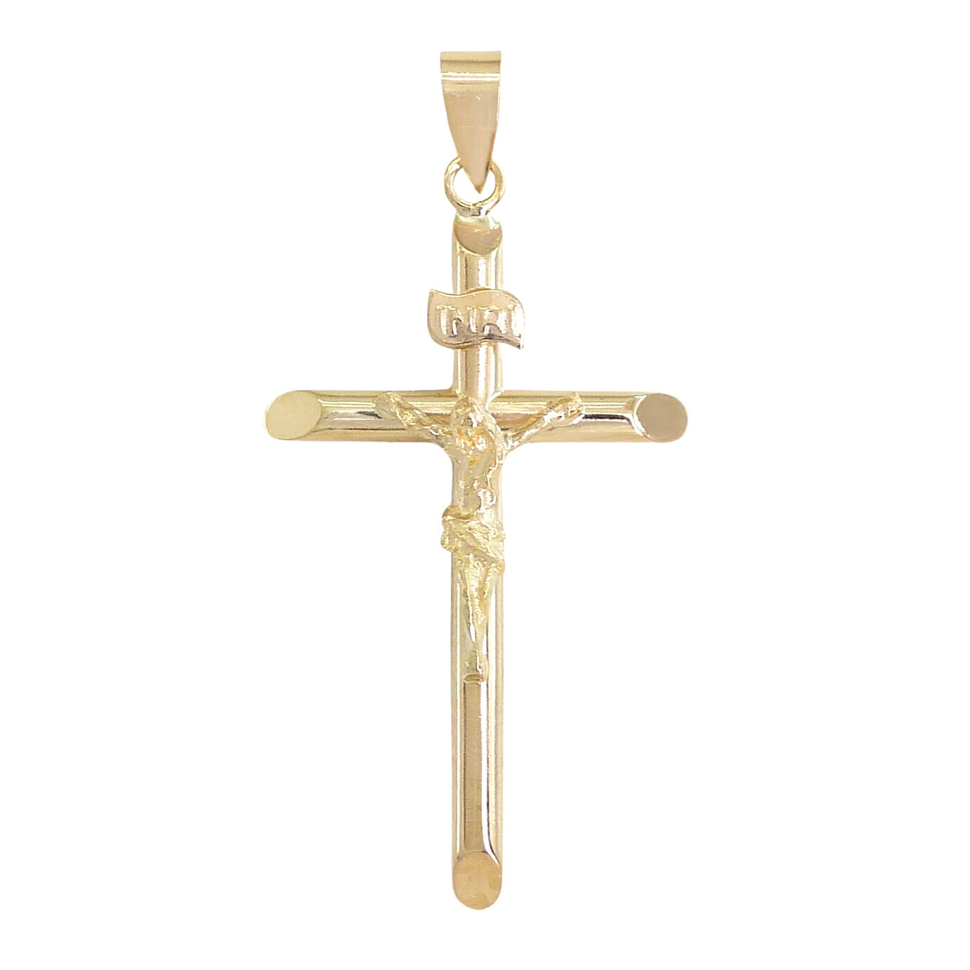 Colgante cruz de tubo con cristo brillo espejo oro 18k