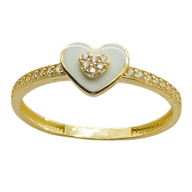 Anillo comunión corazón esmalte con circonitas oro 18k