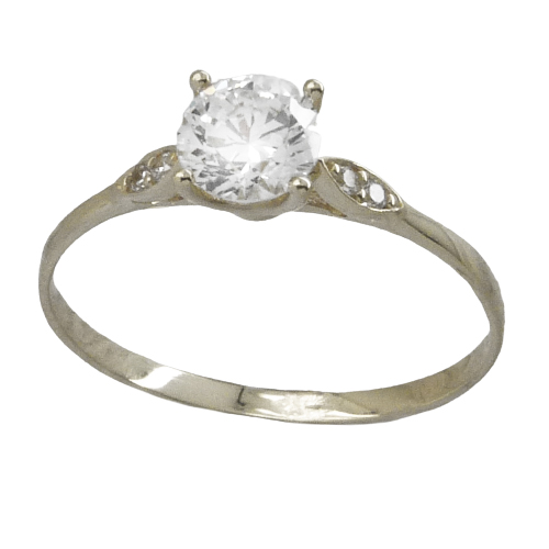 Anillo fino brillo 4 garras y circonitas oro blanco 18k