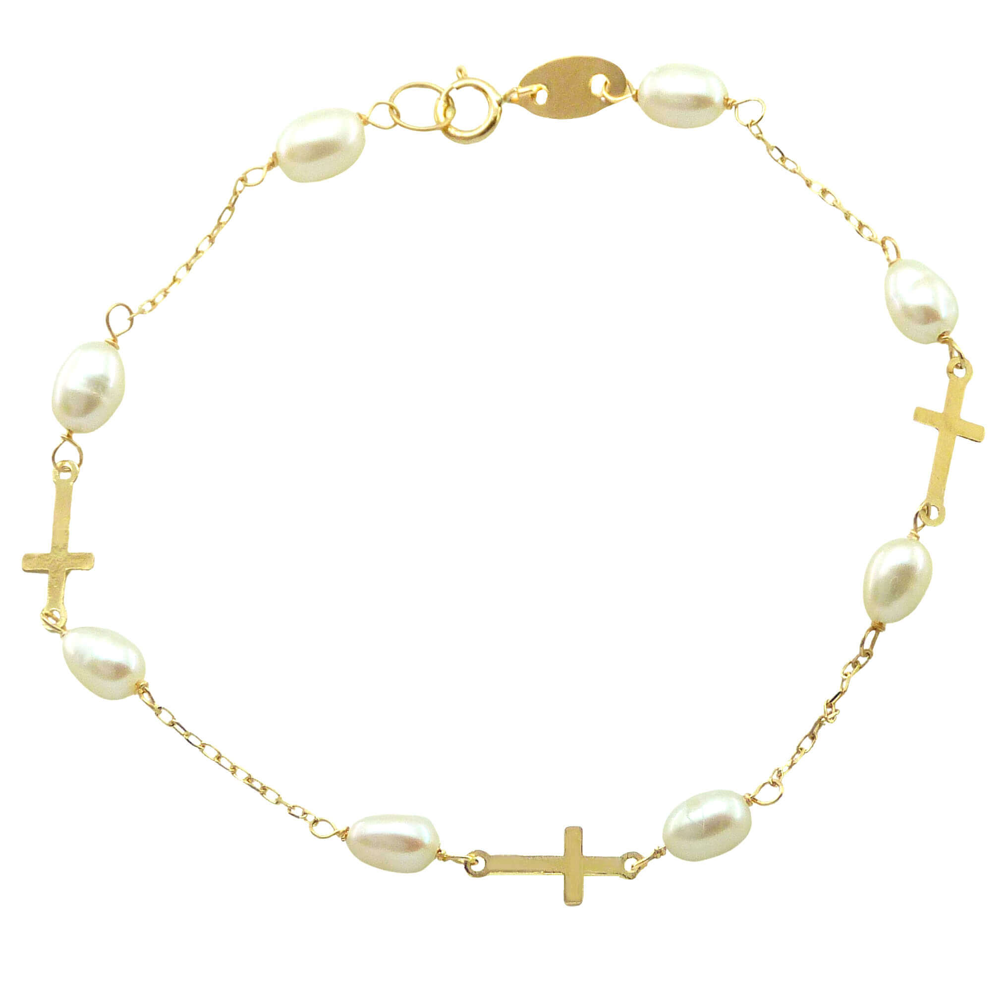 Pulsera de comunión con perlas naturales y cruces oro 18k