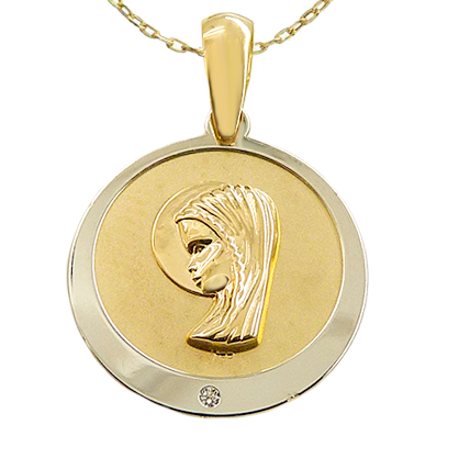 Gargantilla medalla comunión bicolor redonda 15mm. oro 18k