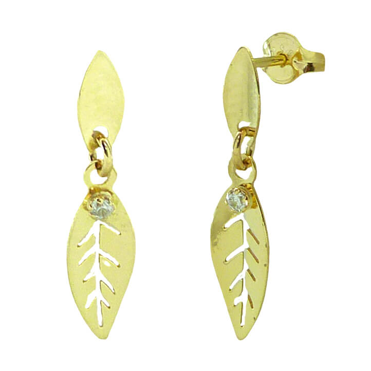Pendientes hoja calada y pluma con circonita oro 18k