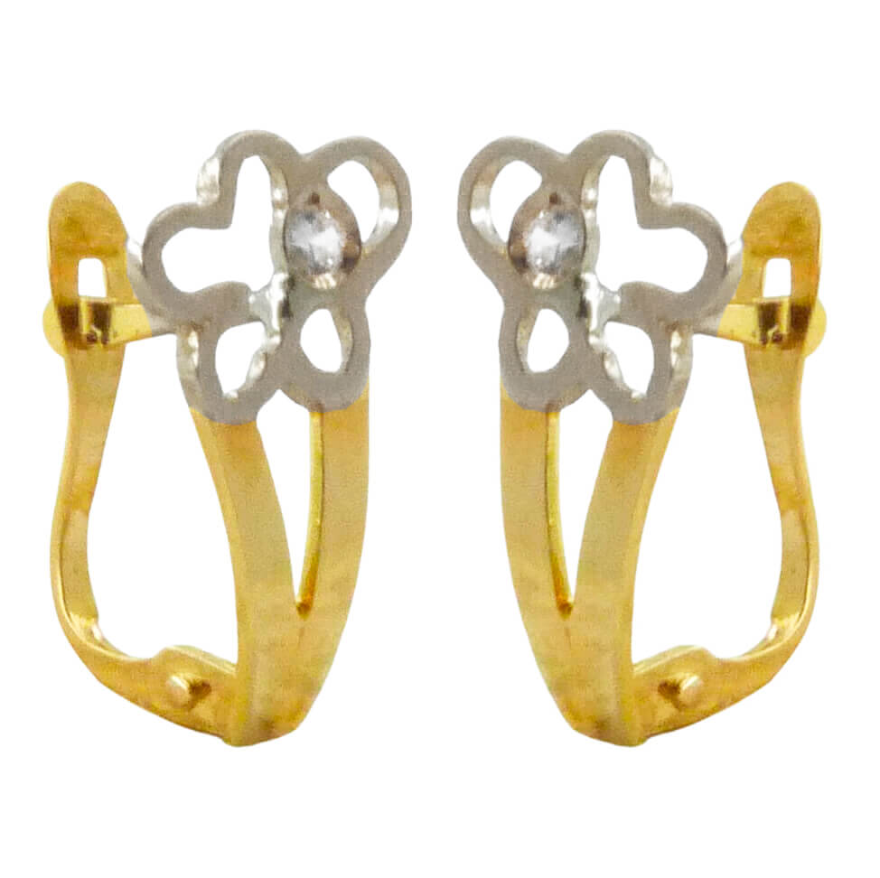 Pendientes bicolor flor circonita oro 18k