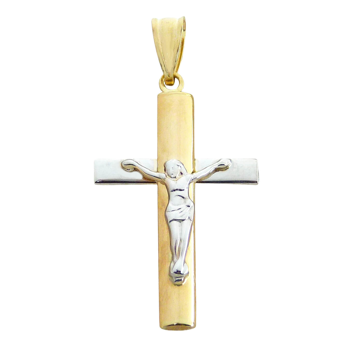 Colgante cruz con cristo bicolor 30x18mm. oro 18k