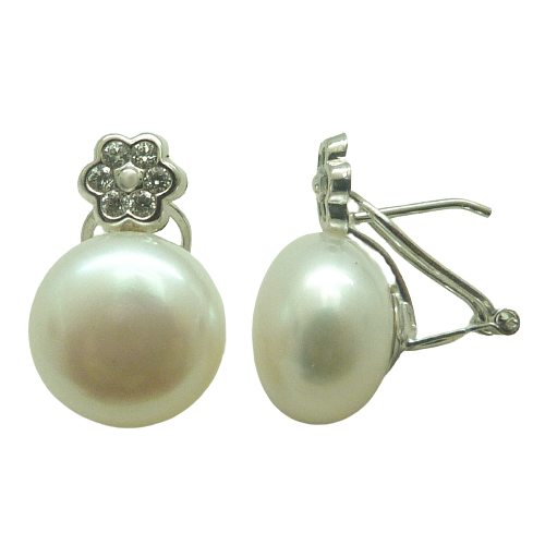Pendientes perla natural blanca y flor circonitas oro blanco 18k