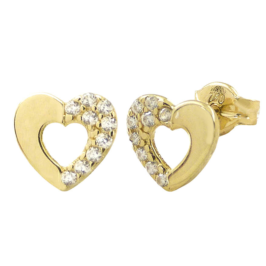Pendientes corazón brillo liso y circonitas oro 18k