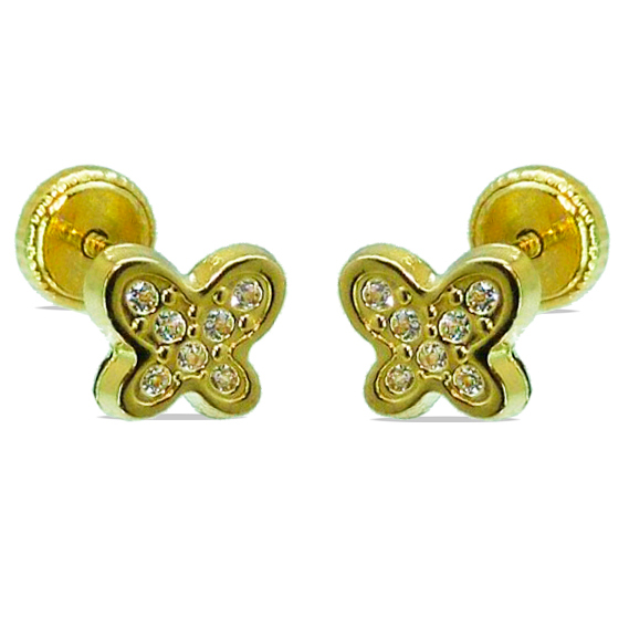 Pendientes mariposa lisa brillo circonitas oro 18k