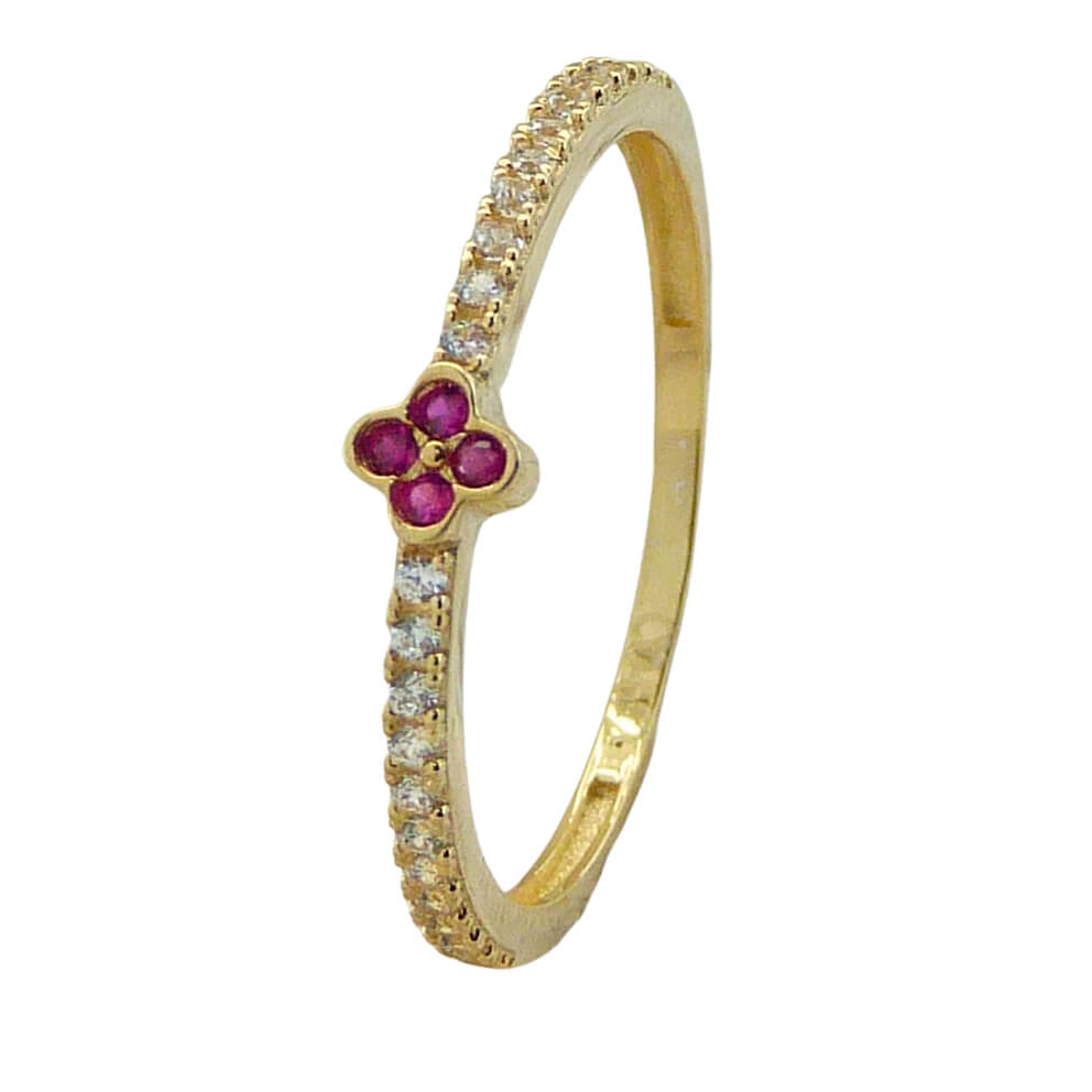 Anillo trébol con circonitas rojas y blancas oro 18k