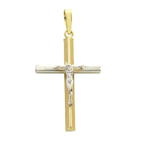 Colgante cruz bicolor biselada con cristo en oro blanco 18k