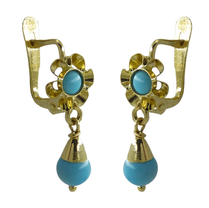 Pendientes arquillo bola color turquesa 15mm. oro 18k