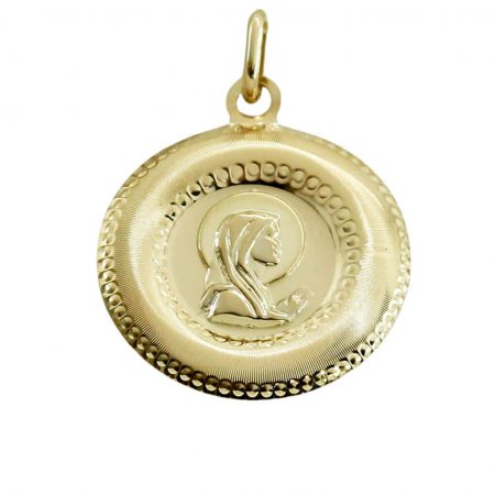 Medalla virgen niña centro satinado y tallado borde tallado oro 18k