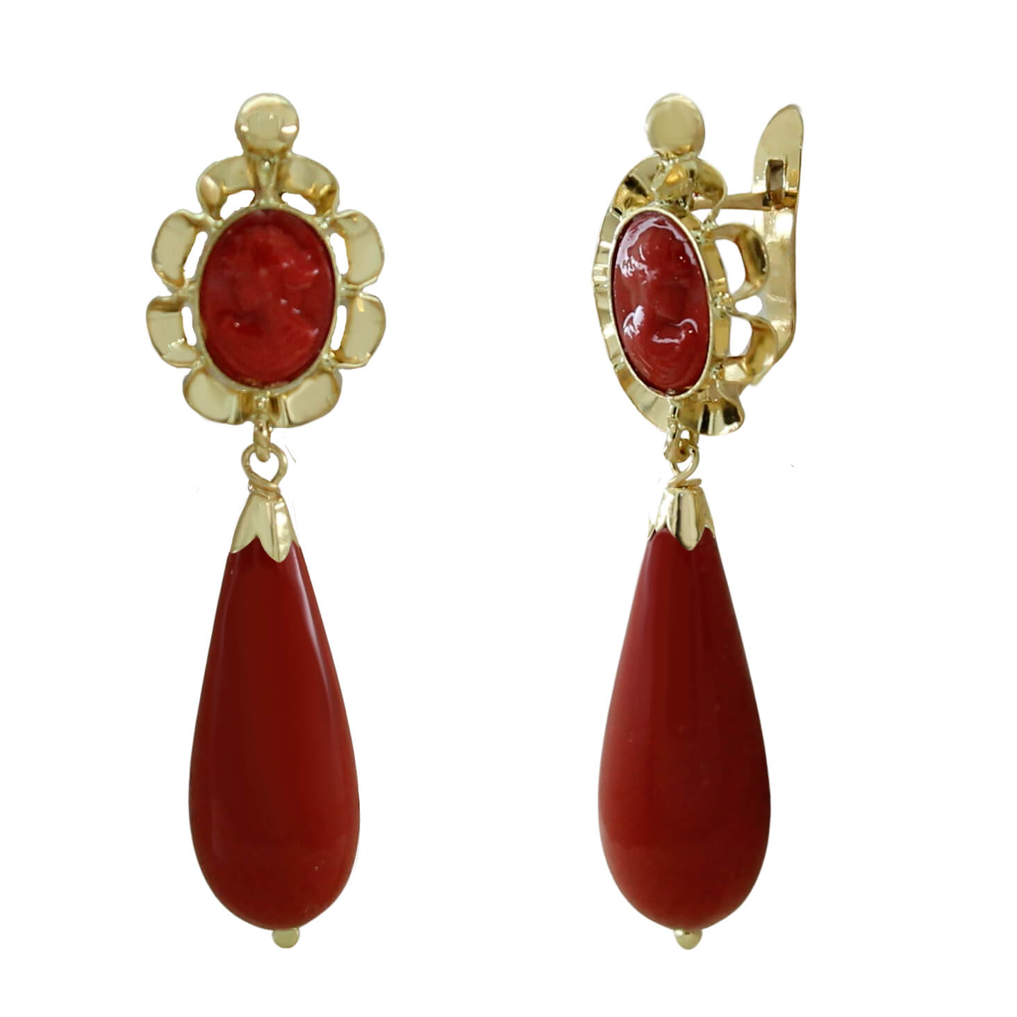 Pendientes arquillo color coral tallados y calados oro 18k
