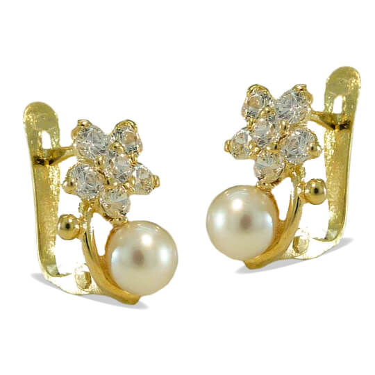 Pendientes perla y circonitas con forma de flor oro 18k