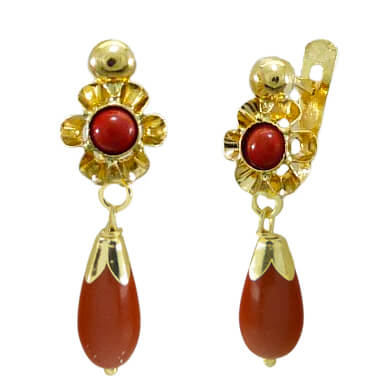 Pendientes arquillo color coral 20mm. oro 18k