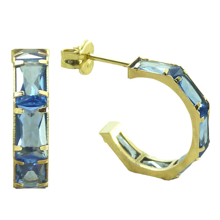 Pendientes medio aro piedras color aguamarina oro 18k