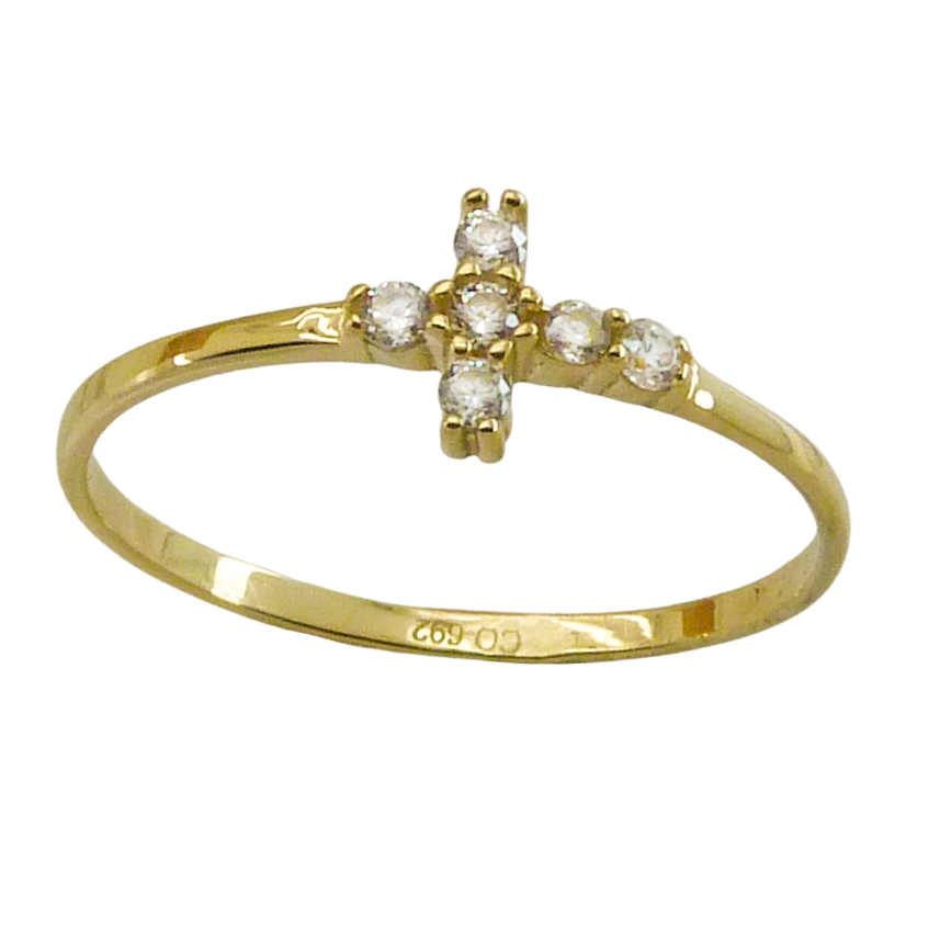 Anillo en brillo espejo con cruz de circonitas oro 18k
