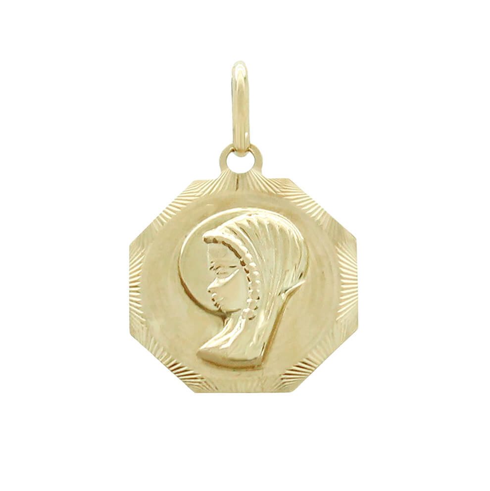 Medalla virgen niña octogonal borde tallado oro 18k