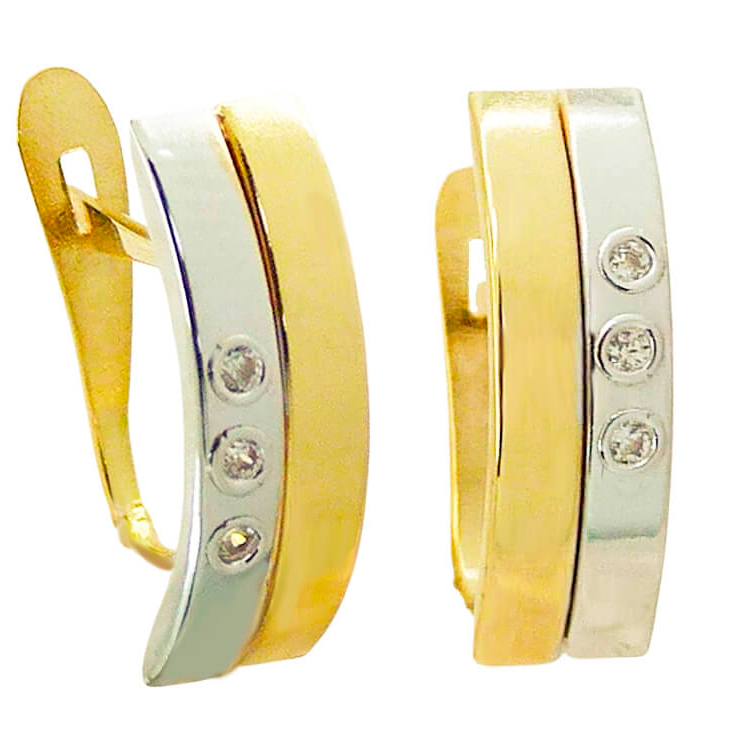 Pendientes bicolor bandas brillo 14x5mm con circonitas oro 18k
