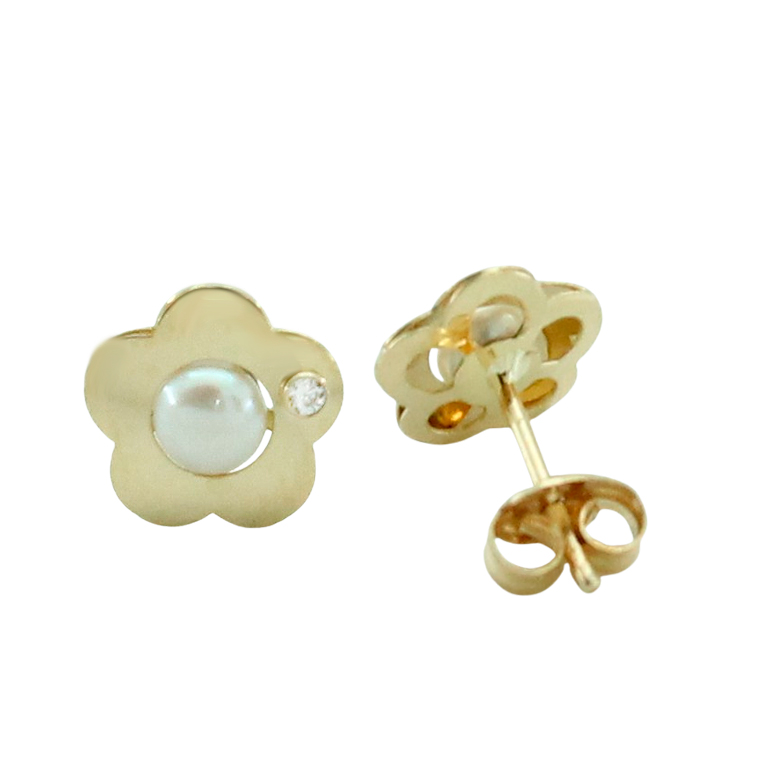 Pendientes flor perla y circonita oro 18k