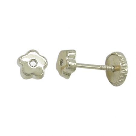 Pendientes flor lisa brillo con diamantes oro blanco 18k