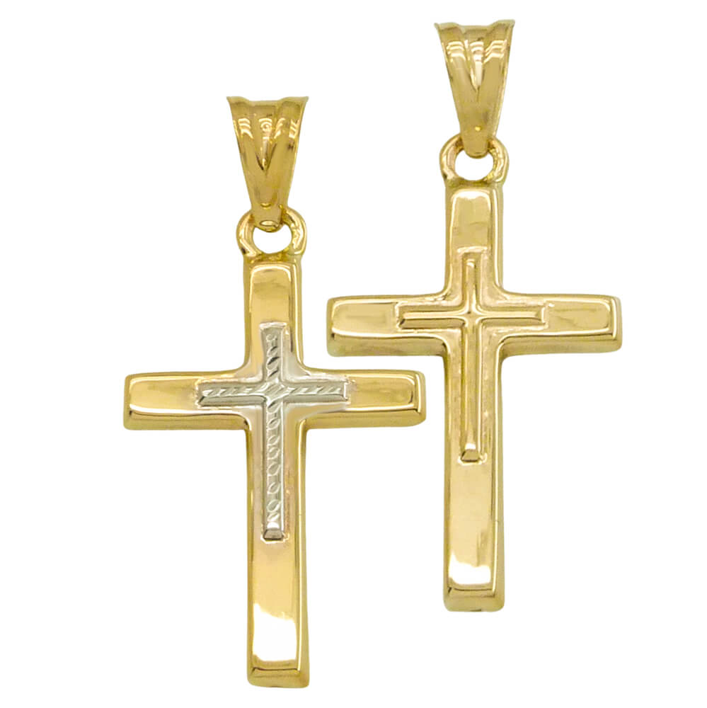 Colgante cruz reversible bicolor por una cara oro 18k