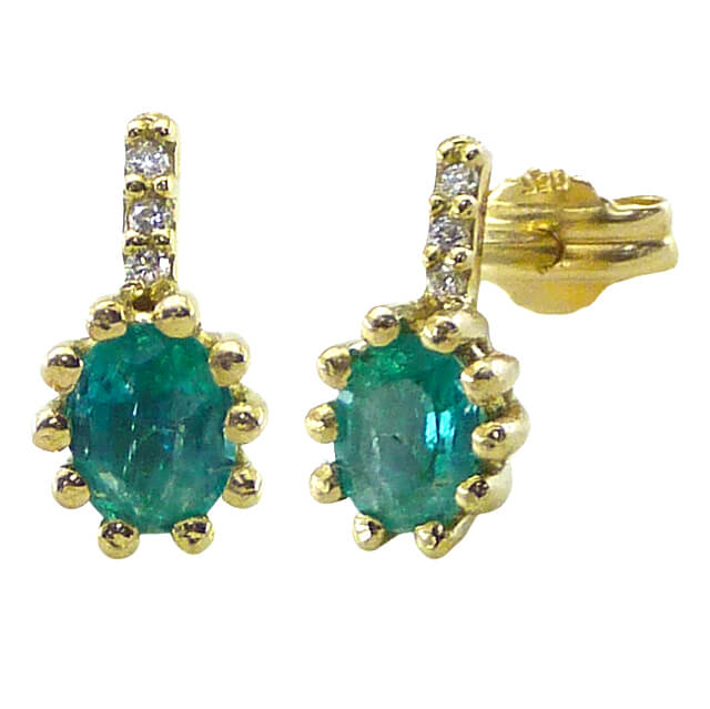 Pendientes esmeralda oval 10 garras y diamantes oro 18k