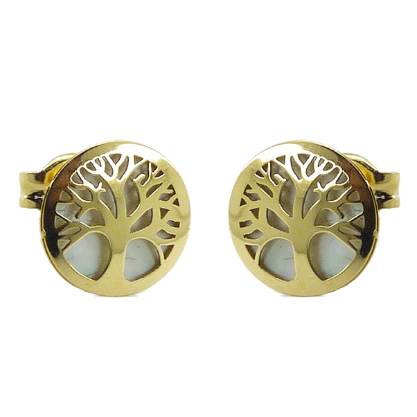 Pendientes árbol de la vida calado nácar 8mm. oro 18k