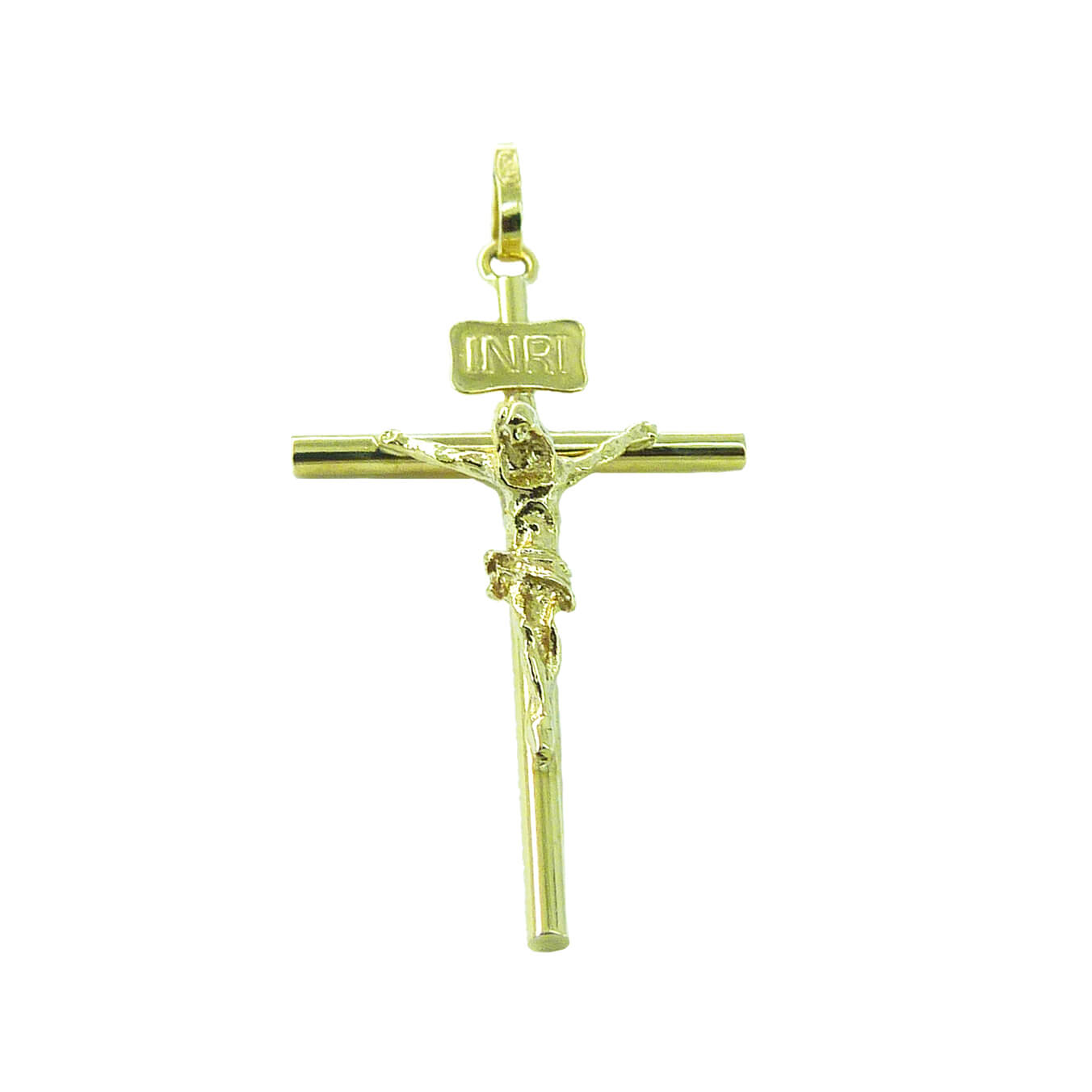 Colgante cruz de tubo con Cristo brillo 20x12x1'5mm. oro 18k