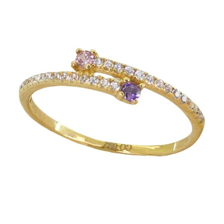 Anillo fino brillo cruzado circonitas color amatista y rosa oro 18k