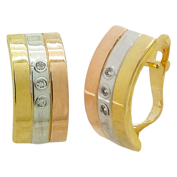 Pendientes bandas tricolor circonitas oro 18k