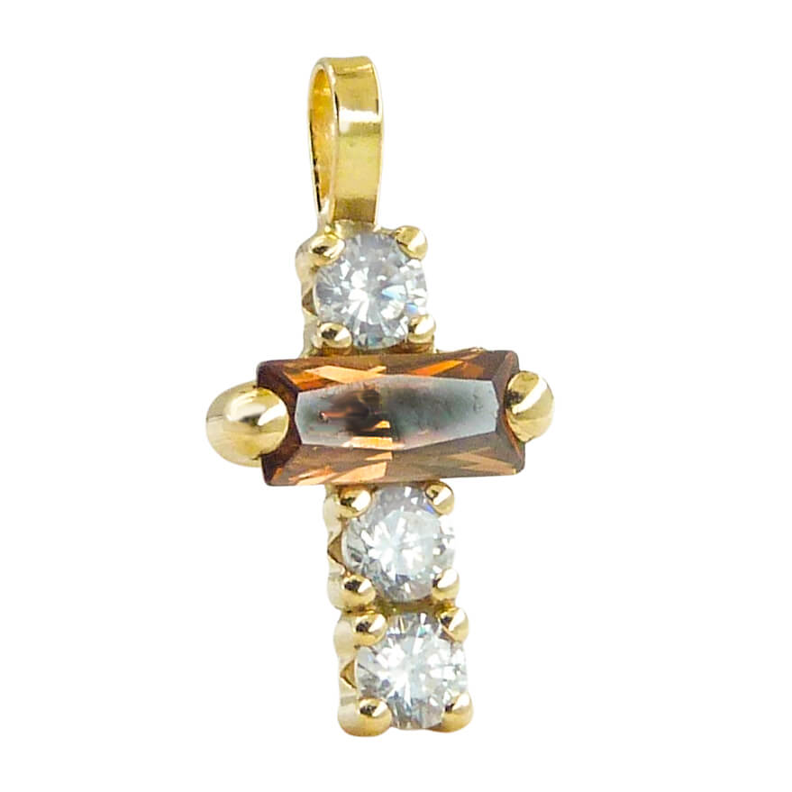Colgante cruz baguette marrón con circonitas blancas oro 18k