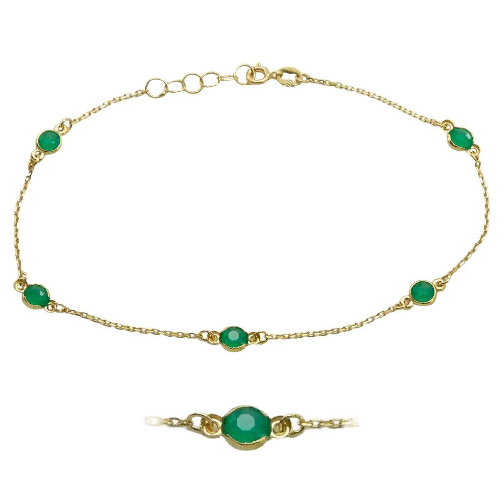 Pulsera 5 piedras color esmeralda cadena fina oro 18k