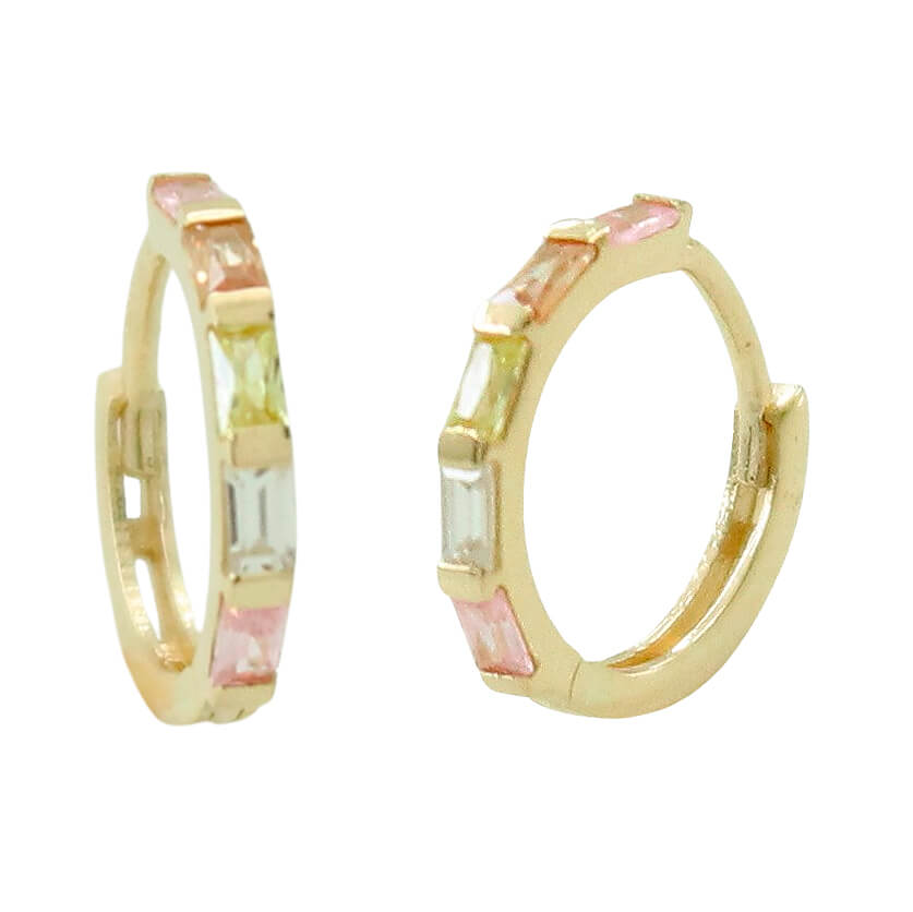 Aros brillo piedras baguette de colores oro 18k