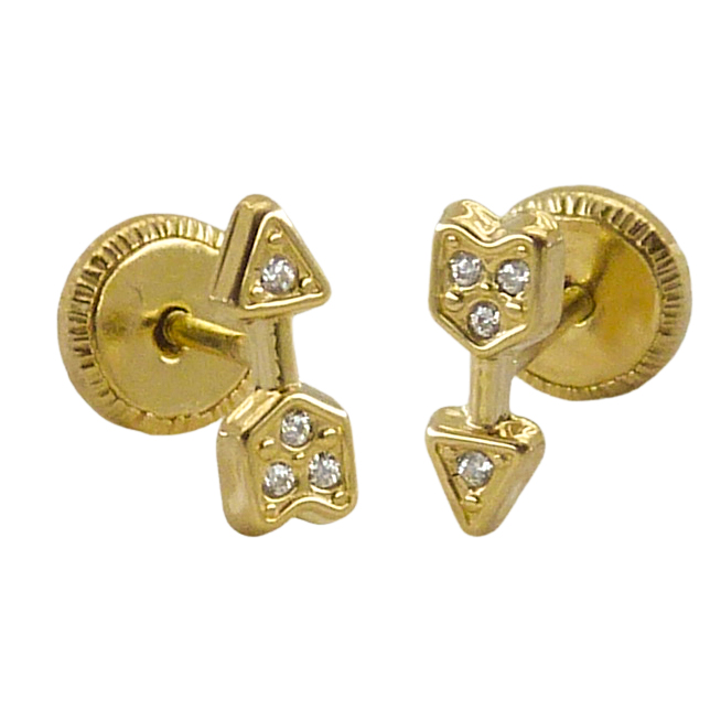 Pendientes mini flecha circonitas 8mm. oro 18k