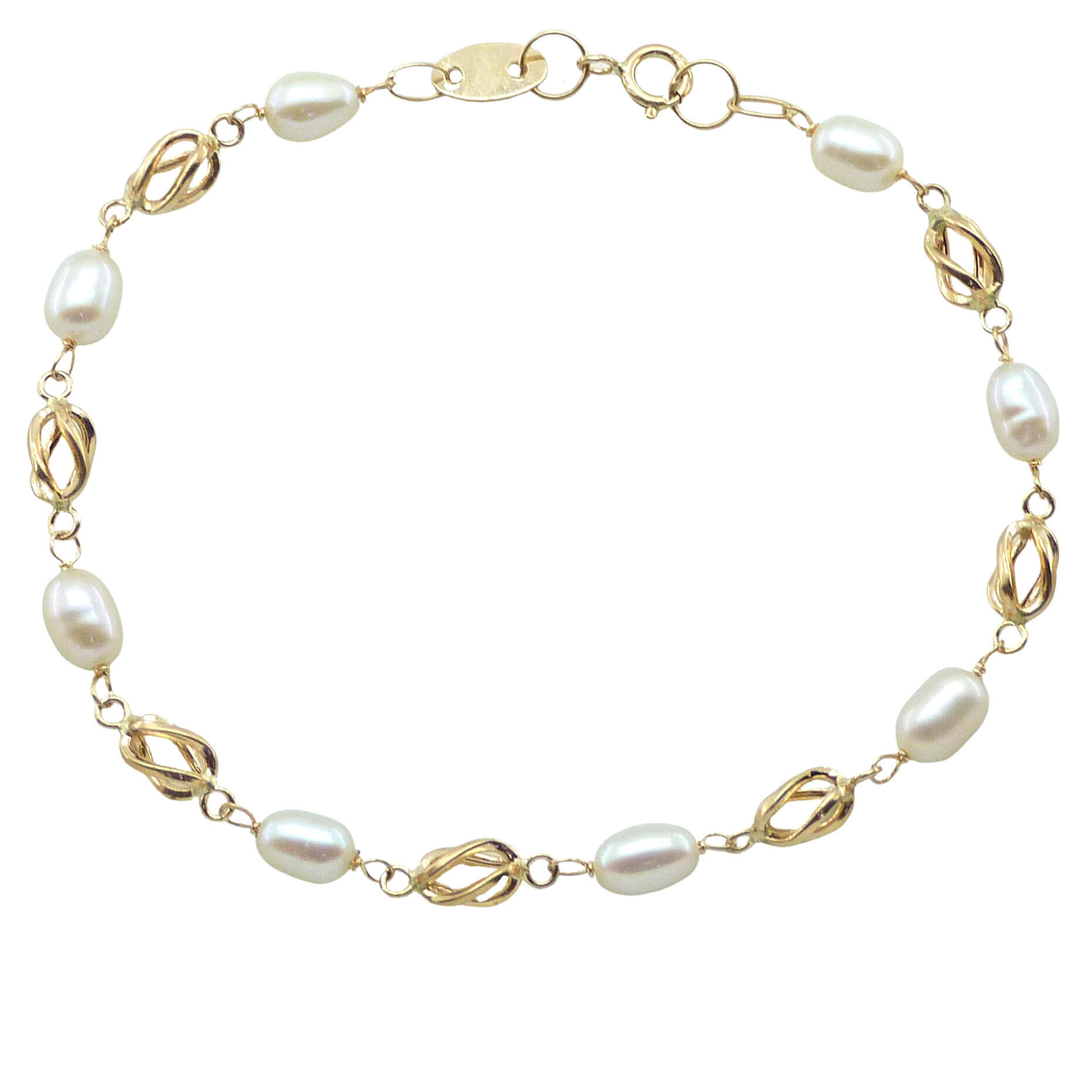 Pulsera de comunión con perlas naturales y jaula oro 18k