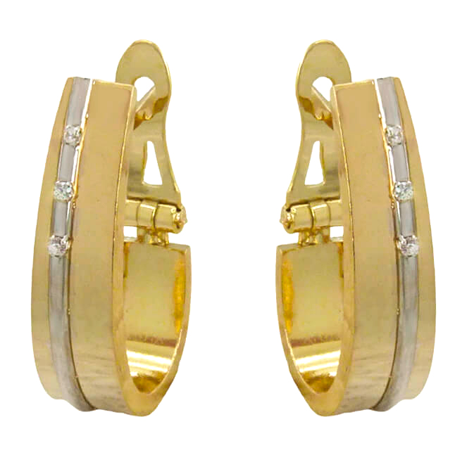 Pendientes medio aro bicolor y circonitas oro 18k