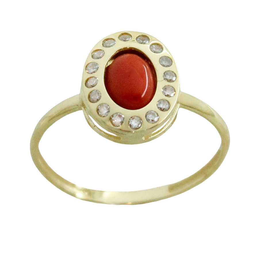 Sortija con cabuchón color coral y circonitas oro 18k