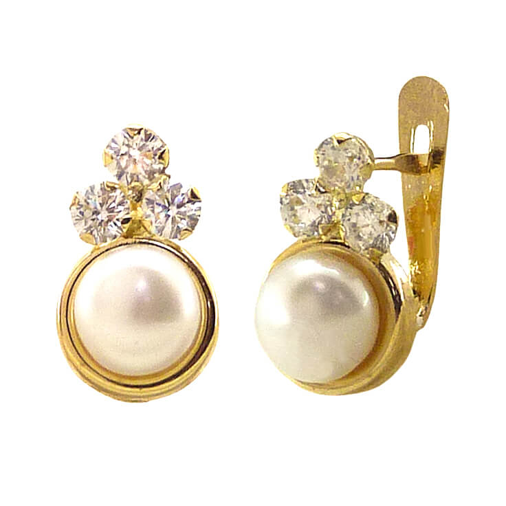 Pendientes 3 circonitas y perla comunión oro 18k