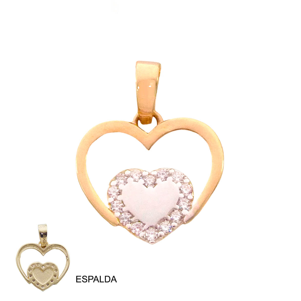 Colgante corazón doble bicolor con circonitas oro 18k