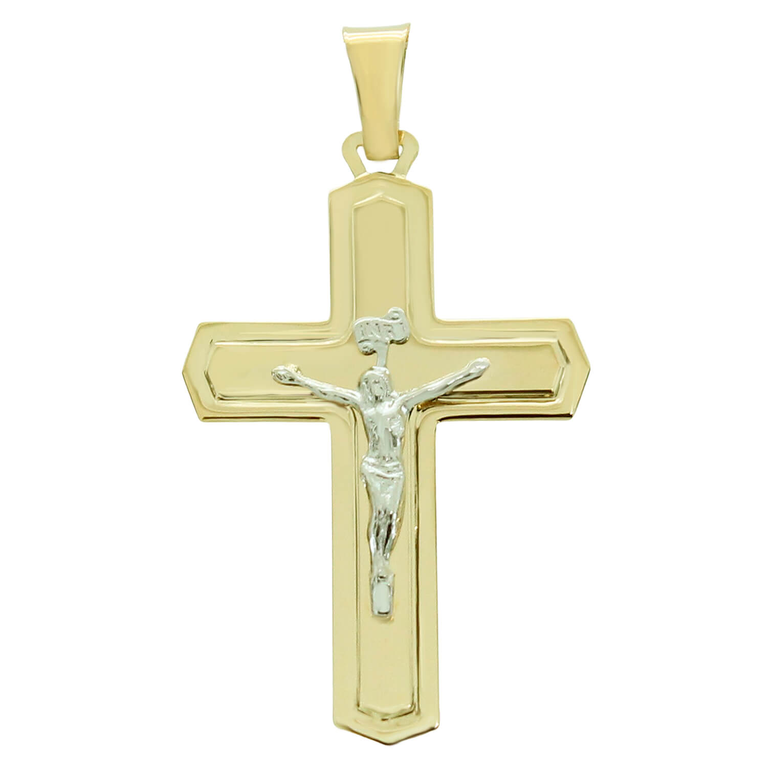 colgante cruz con cristo plana bicolor oro 18k