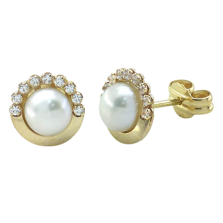 Pendientes orla circonitas y perla oro 18k