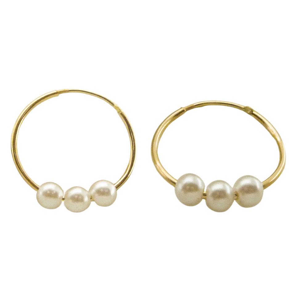 Pendientes aro tubo con tres perlas oro 18k
