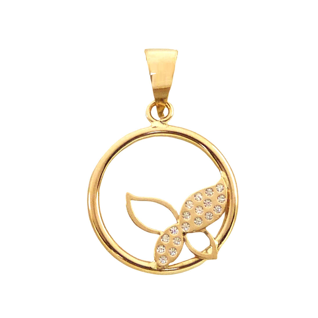 Colgante redondo con mariposa circonitas oro 18k