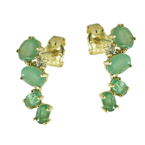 Pendientes largos 4 esmeraldas y diamantes oro 18k