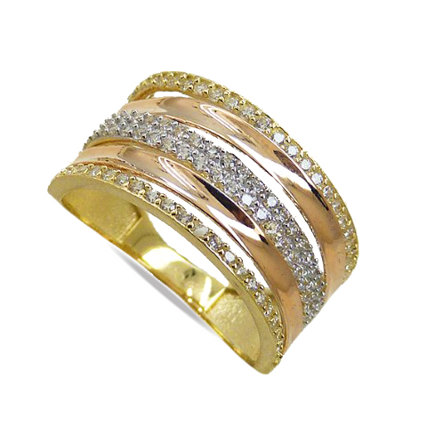 Anillo ancho tricolor con circonitas oro 18k