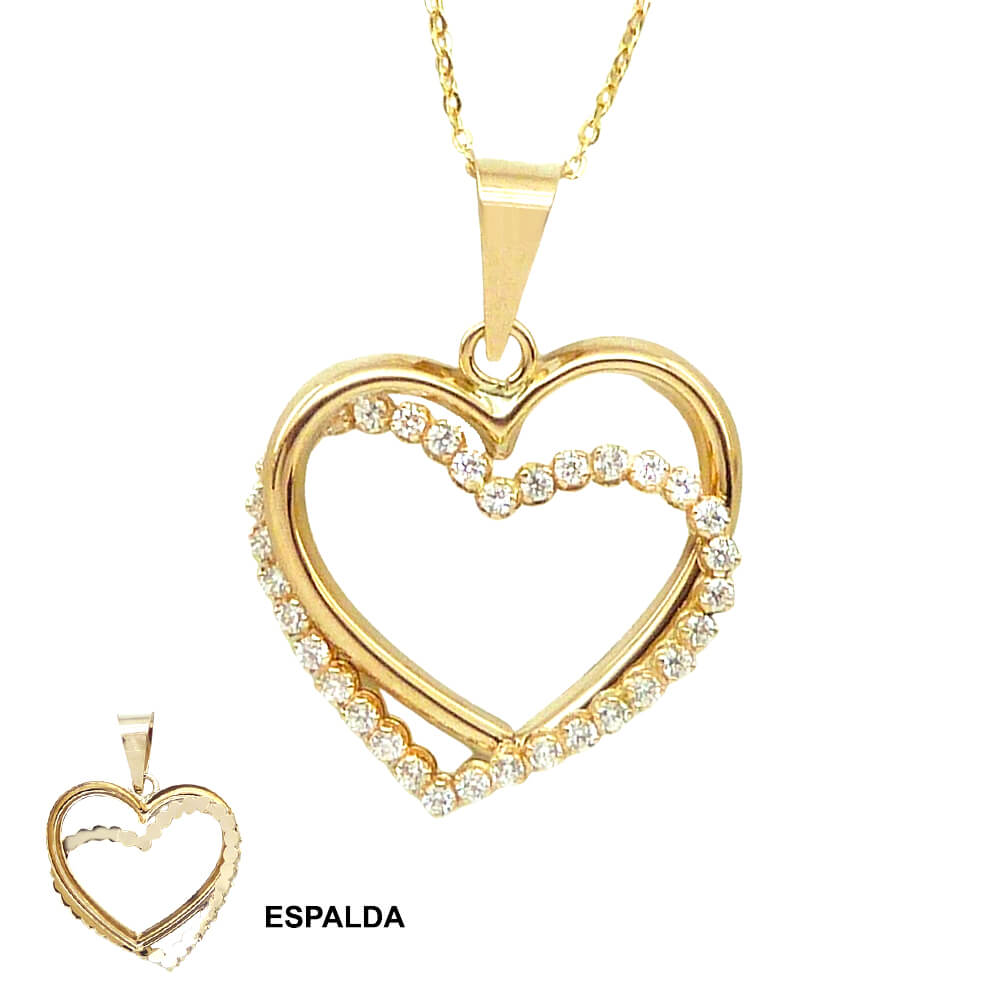 Gargantilla doble corazón brillo liso y circonitas oro 18k