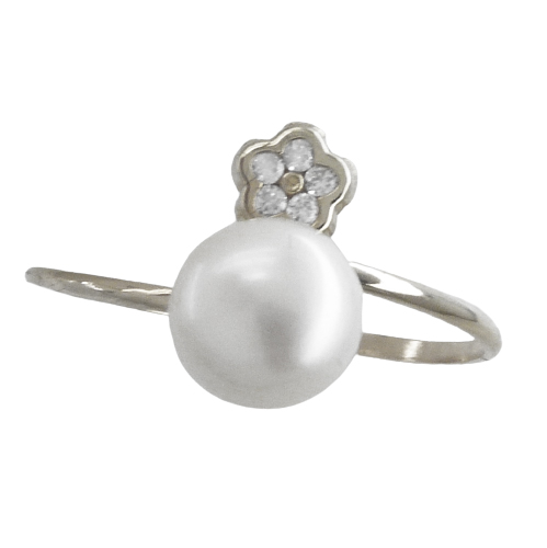 Anillo comunión fino flor y circonitas con perla natural oro blanco 18k