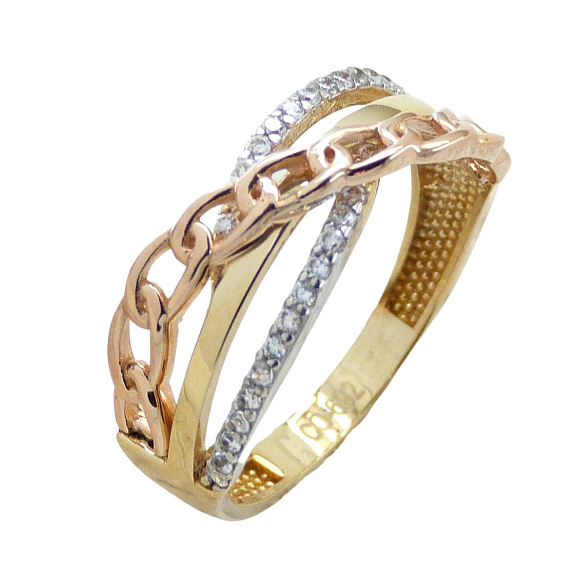 Anillo tricolor eslabones liso brillo con circonitas oro 18k