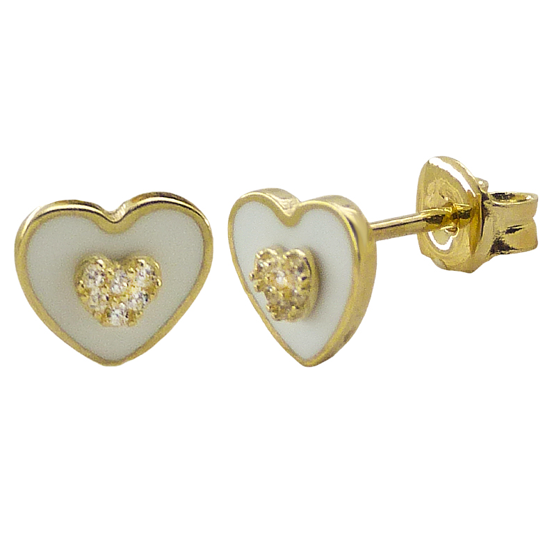 Pendientes comunión corazón esmalte y circonitas 8mm. oro 18l
